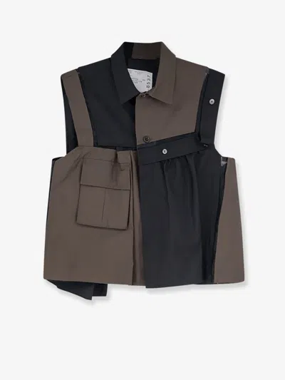 Sacai Sleeveless Cotton Shirt Jacket Color Block In Brown