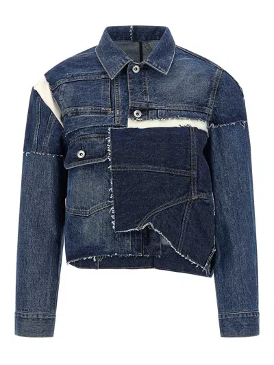 Sacai Patchwork Denim Jacket Puffer Jackets Blue