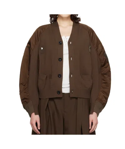 Sacai Patchwork Design Cardigan In Brown
