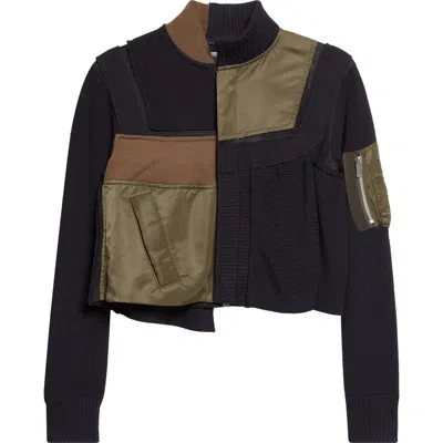 Sacai Patchwork Mixed Media Crop Jacket In Brown