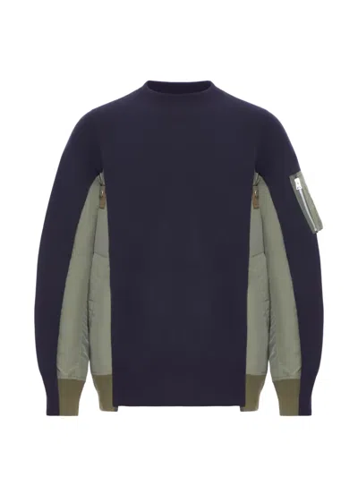 Sacai Cotton Blend Sweatshirt With Nylon Details Applied In Blue