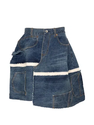 Sacai Patchwork Raw-edge Mini Skirt In Blue