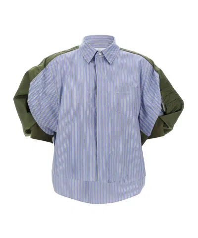 Sacai Striped Bomber Short-sleeve Shirt In Blue