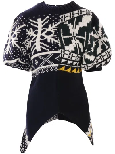 SACAI PATCHWORK SHORT-SLEEVE SWEATER