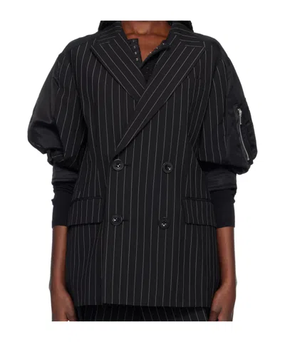Sacai Patchwork Suit Jacket In 816 Black Stripe