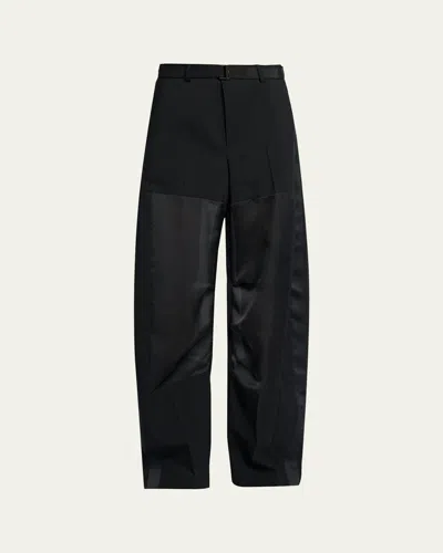 Sacai Patchwork Wool Wide-leg Pants With Belt In Black