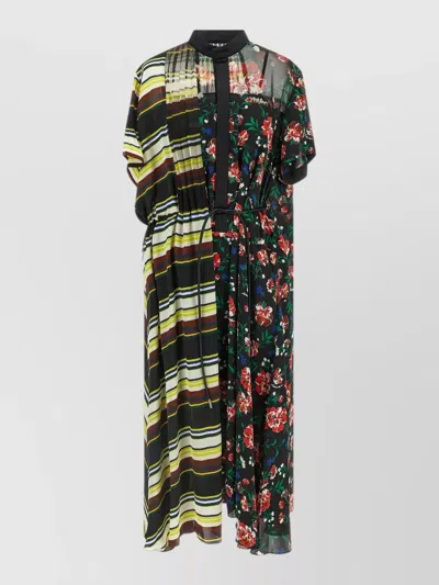 Sacai Pattern Mix Satin Midi Shirt Dress In Yellow