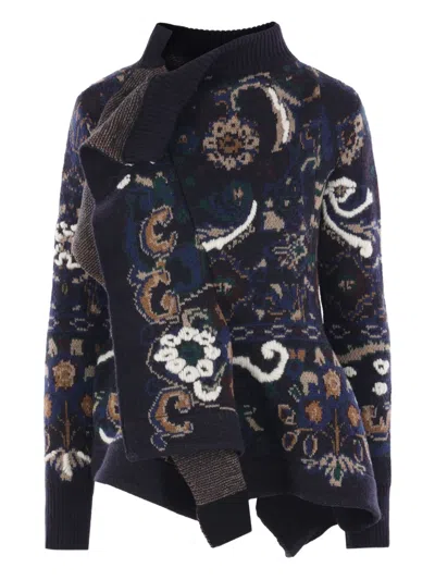 Sacai Patterned Ruffled Wool Jumper In Blue
