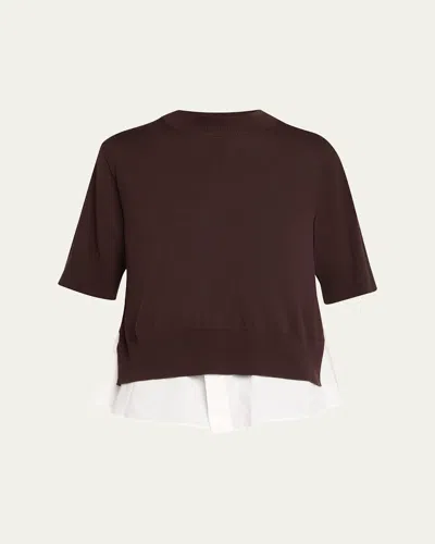 Sacai Peek-a-boo Shirttail Short-sleeve Sweater In Brown