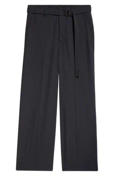 Sacai Pinstripe Belted Trousers In Navy