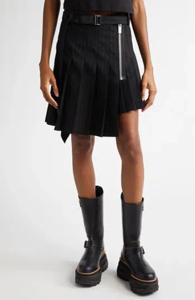 Sacai Pinstripe Belted Pleated Wool Skirt In Multi