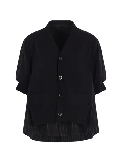 Sacai Pinstripe Button Cardigan In Black