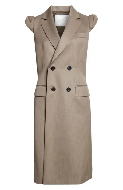 Sacai Pinstripe Double Breasted Wool Vest In Taupe X Black
