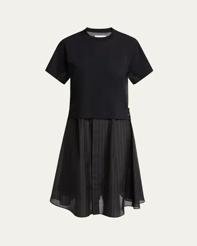 Sacai Pinstripe Knit Front Midi T-shirt Dress In Black Stripe