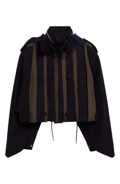 Sacai Pinstripe Melton Wool Crop Military Jacket In Dark Khaki/ Navy