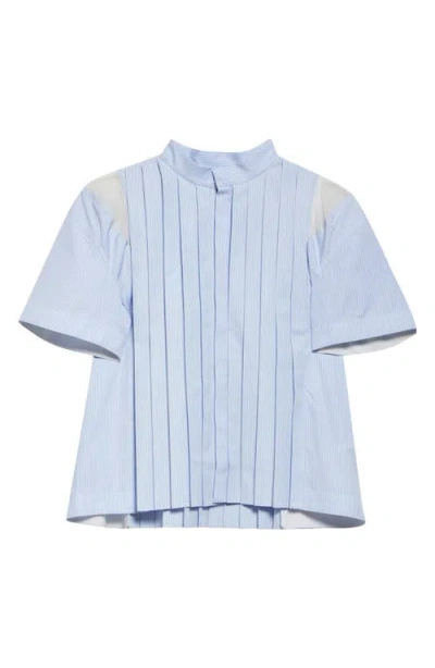 Sacai Pinstripe Pintuck Poplin Short Sleeve Button-up Shirt In Light Blue Stripe