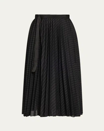 Sacai Pinstripe Pleated Midi Skirt In Black Stripe