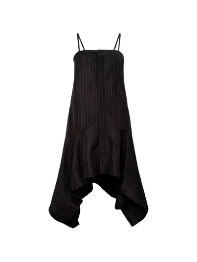 Sacai Pinstripe Pleated Mini Dress In Black