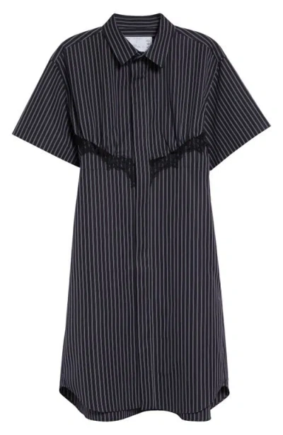 Sacai Pinstripe Poplin Shirtdress In Black