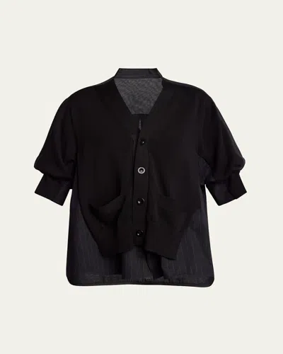 Sacai Pinstripe Shirting Cardigan In Black