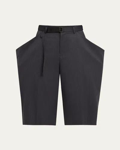 Sacai Pinstripe Wide Cropped Wool Trousers In Black