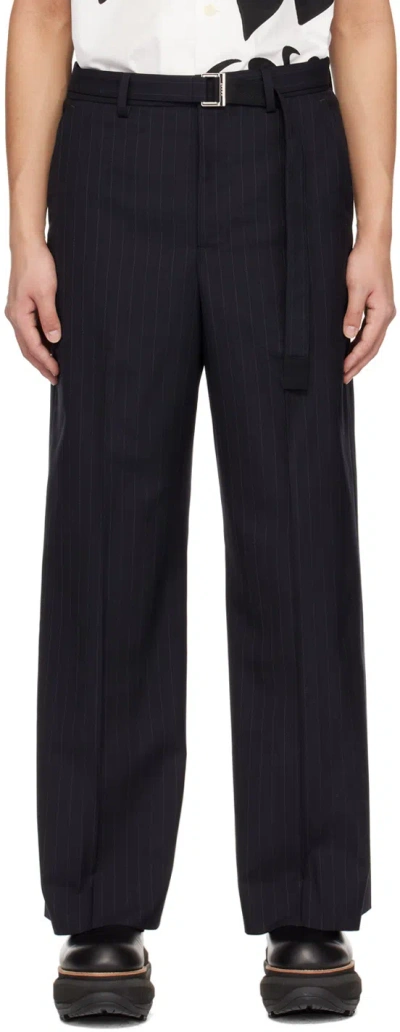 Sacai Pinstriped Belted Pants In Black