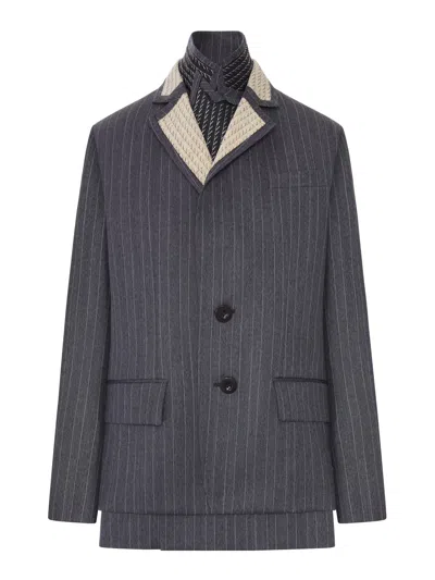 Sacai Pinstriped Blazer With Contrasting Lapels And Embroidered Details In Black