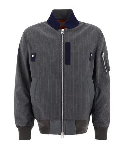 Sacai Pinstriped Bomber Jacket In Gray