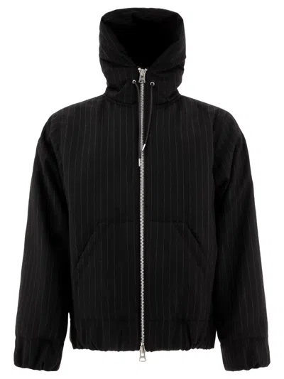 Sacai Hooded Wool Gessato Jacket In Black