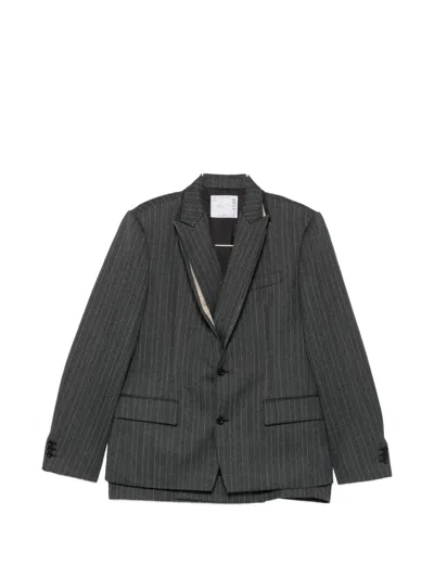 Sacai Pinstripe-pattern Buttoned Blazer In Black