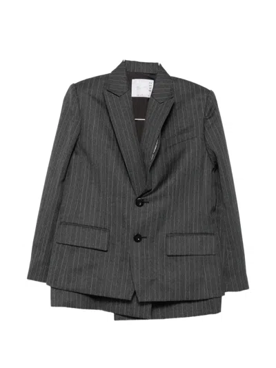 Sacai Pinstripe-pattern Peplum-hem Blazer In Black