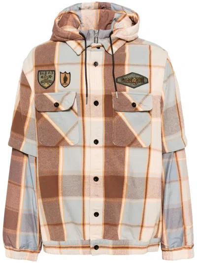 Sacai Plaid Check Pattern Shirt Jacket In Brown
