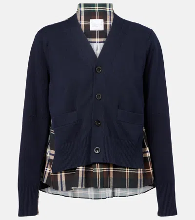 Sacai Paneled Cotton-blend And Checked Poplin Cardigan In Green
