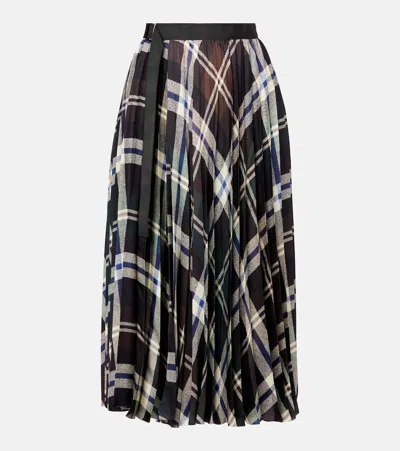 Sacai Plaid Midi Skirt In Green/brown