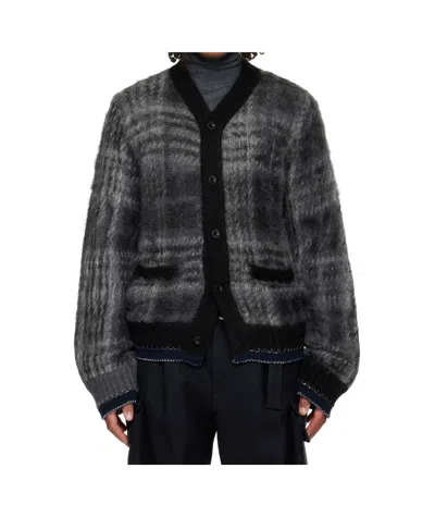 Sacai Plaid Mohair Knit Cardigan In Black