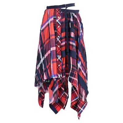 Sacai Plaid Pleated Asymmetric Wrap Midi Skirt In Multicolor Polyester