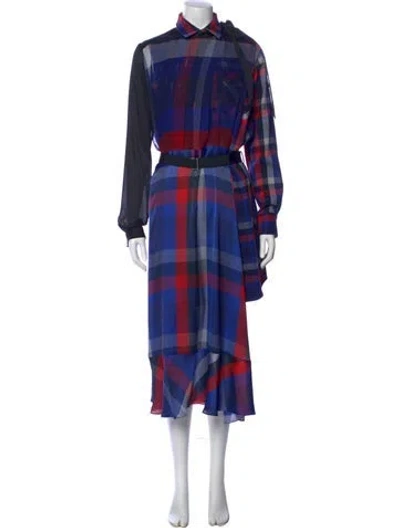 Pre-owned Sacai Plaid Print Long Dress In Blue