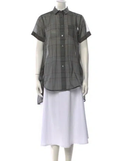 Pre-owned Sacai Plaid Print Mock Neck Button-up Top In Gray