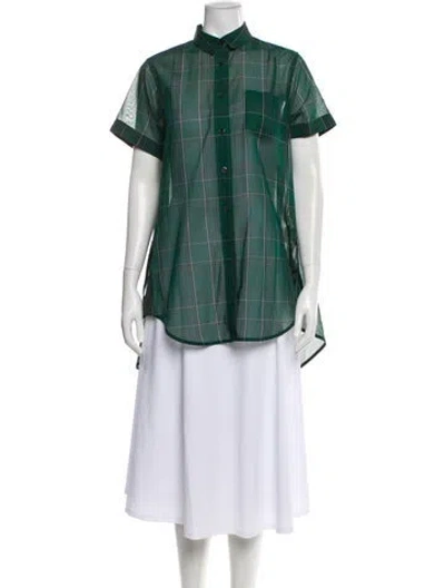 Pre-owned Sacai Plaid Print Short Sleeve Button-up Top In Green