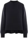 Sacai Cotton Blend Crew Neck Pullover With Pleated Back In Black