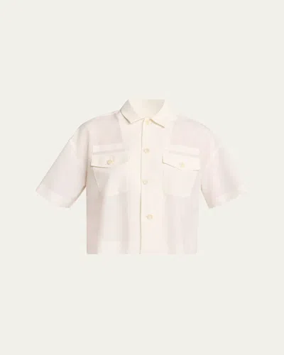 Sacai Pleated Back Crop Button Down Blouse In Off White
