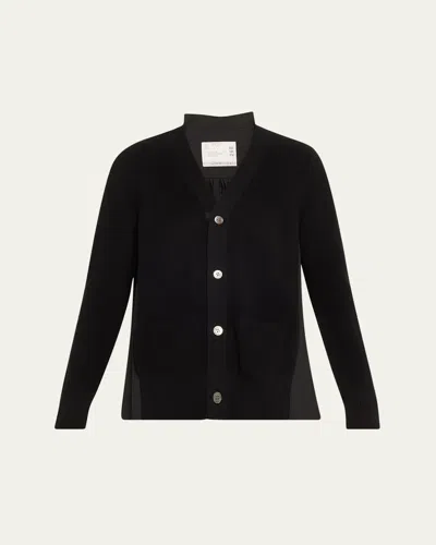 Sacai Pleated-back Knit Button Down Cardigan In Black X Black