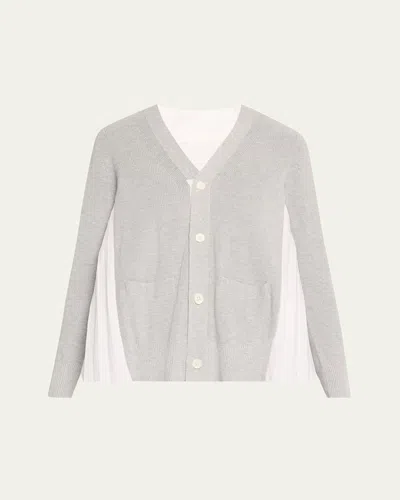 Sacai Pleated-back Knit Button Down Cardigan In Lgray X Off White