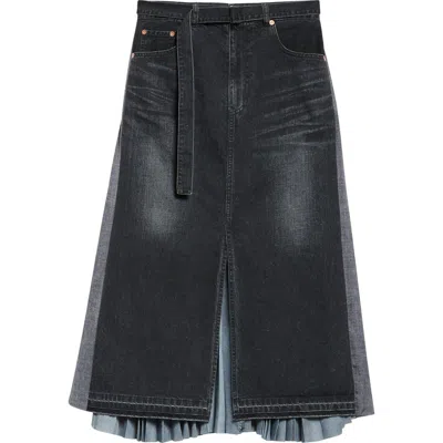 Sacai Pleated Back Mixed Media Skirt In Black