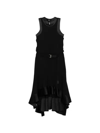Sacai Pleated Belted Midi Dress In Black