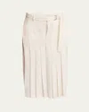 Sacai Belted Denim-trimmed Pleated Satin Midi Wrap Skirt In Off White