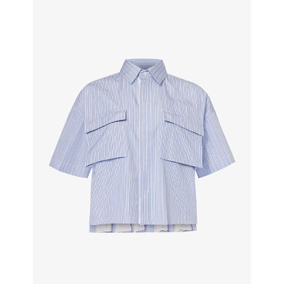 Sacai Pleated Cropped Cotton-poplin Shirt In L/blue Stripe