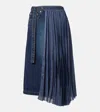 Sacai Pleated Denim Midi Skirt In Blue