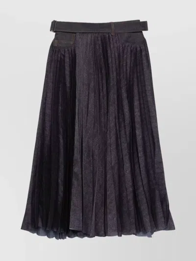 Sacai Pleated Denim Midi Skirt With Belted Waist In Blue