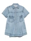 Sacai Pleated Denim Mini Shirt Dress In Blue